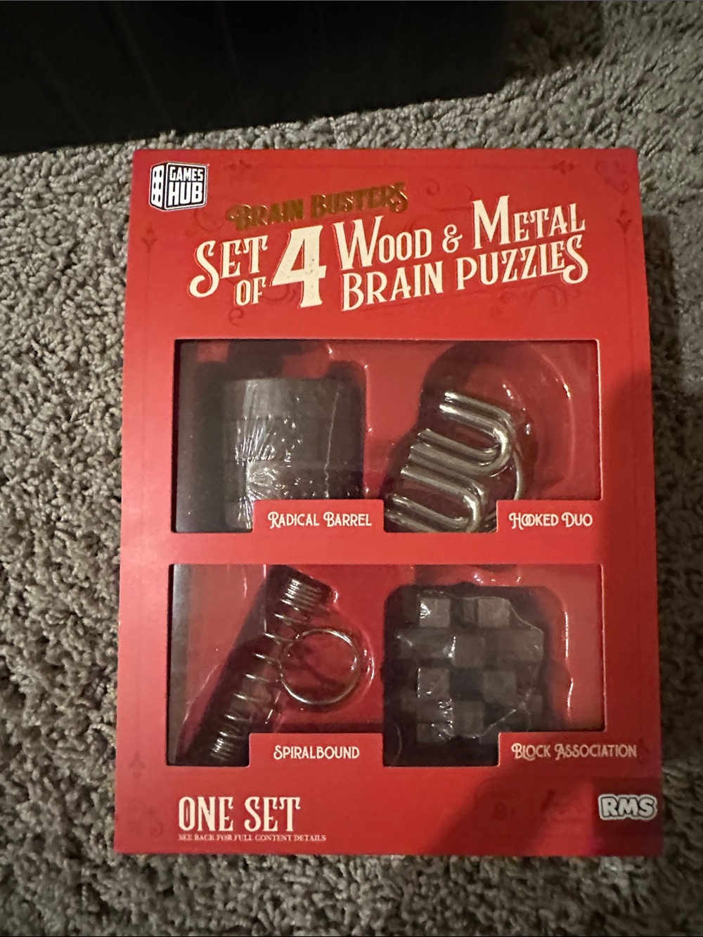 Set of 4 Red Wood & Metal Brain Puzzles